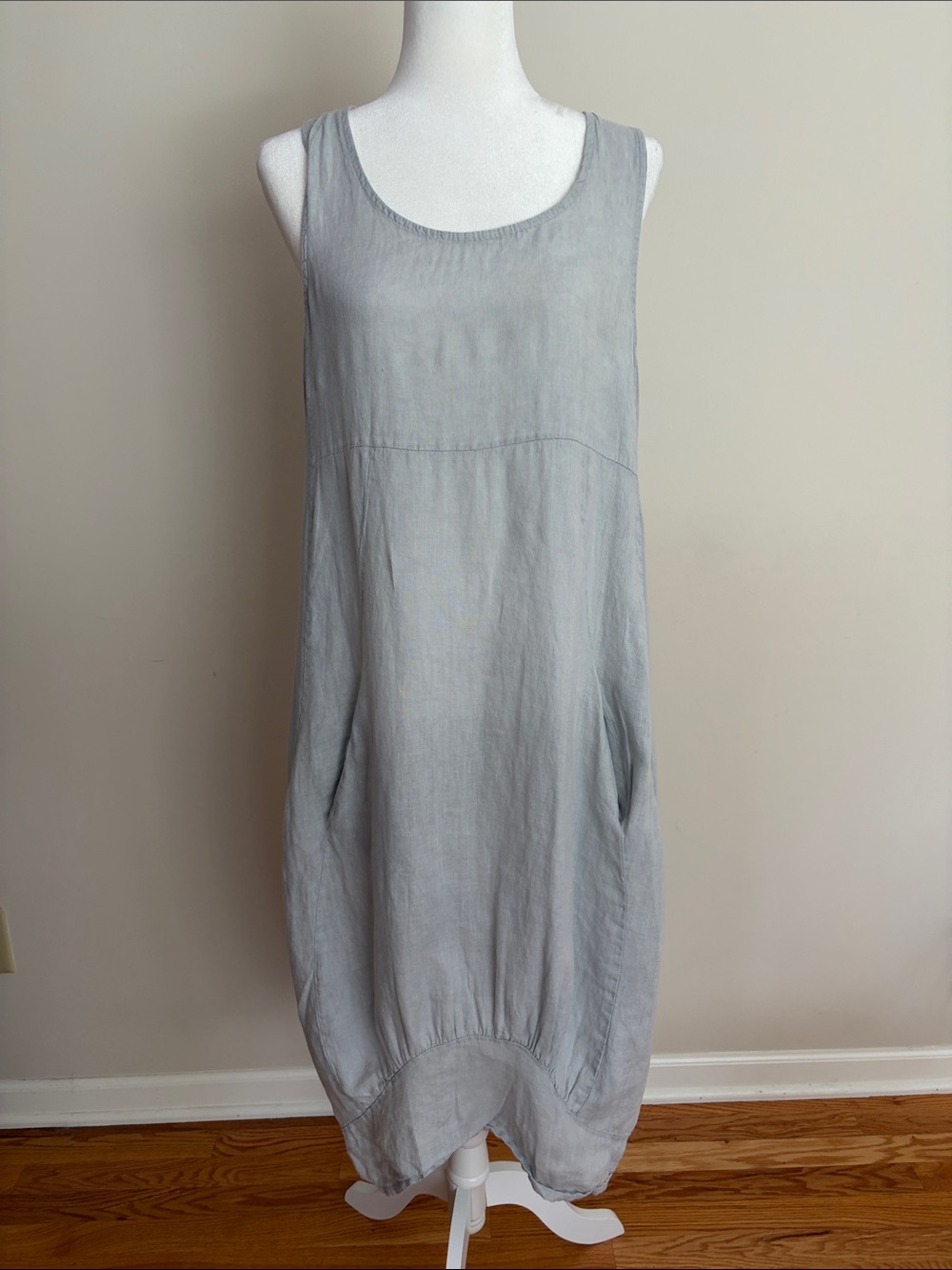 100% Linen Sleeveless Light Gray Maxi Dress with Side Pockets-Great Condition - Picture 3 of 11